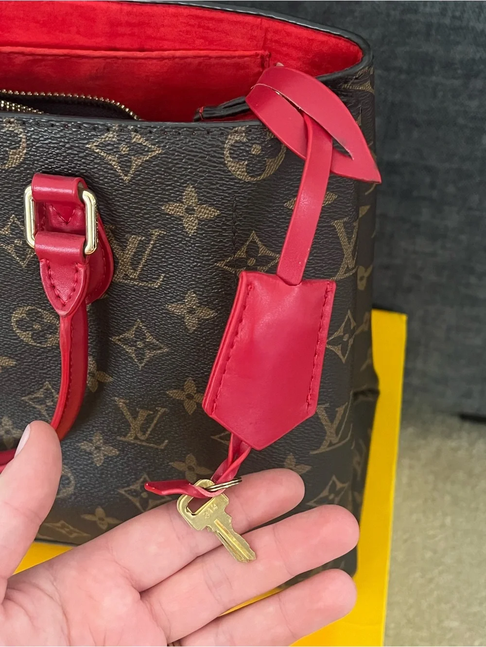Louis Vuitton Monogram Satchel with Red Handles and Gold Lock - Picture 4 of 8